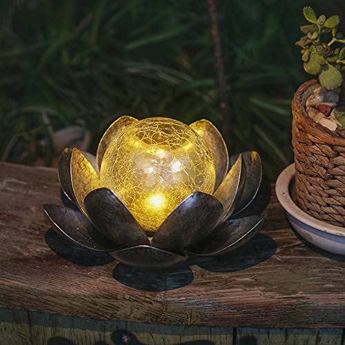 Decorman Solar Garden Lights Outdoor, Crackle Globe Glass Lotus Decoration, Waterproof Metal LED Flower Lights for Yard, Patio, Lawn, Pathway, Tabletop (1 Pack, Black)