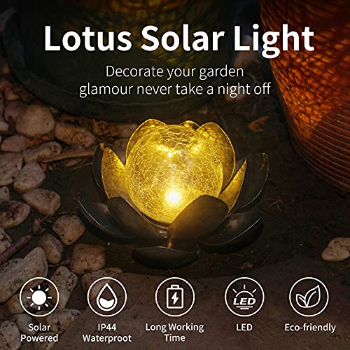 Decorman Solar Garden Lights Outdoor, Crackle Globe Glass Lotus Decoration, Waterproof Metal LED Flower Lights for Yard, Patio, Lawn, Pathway, Tabletop (1 Pack, Black)