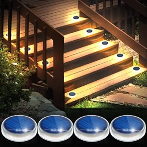 yilaie led solar deck lights,outdoor round step lights solor powered,stick on solar lights waterproof,auto on/off solar stair lights for garden patio concrete pathway walkway driveway(4 pack)