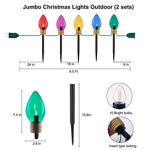 Jumbo C9 Christmas Pathway Lights Outdoor - 2 Pack 8.5 Feet 5 LED C9 Walkway Lights, Multicolor Jumbo Lights Christmas Bulb Lights Outdoor Decorations for Lawn Holiday Outside Yard Garden