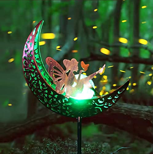 Solar Outdoor Lights Decorative, Solar Powered Garden Light, Moon Crackle Glass Globe Metal Stake Light With Angel, Waterproof Pathway Lights For Walkway Yard Lawn Courtyard Backyard Decoration