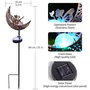 Solar Outdoor Lights Decorative, Solar Powered Garden Light, Moon Crackle Glass Globe Metal Stake Light With Angel, Waterproof Pathway Lights For Walkway Yard Lawn Courtyard Backyard Decoration