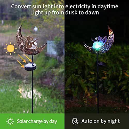 Solar Outdoor Lights Decorative, Solar Powered Garden Light, Moon Crackle Glass Globe Metal Stake Light With Angel, Waterproof Pathway Lights For Walkway Yard Lawn Courtyard Backyard Decoration