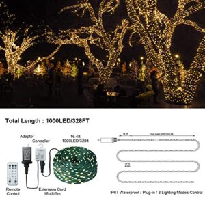 Honadar Christmas Rope Lights,1000LED/328Ft Outdoor Decorative String Strobe with 8 Modes/Remote/IP67 Waterproof/Timer/Memory Function for Xmas Holiday/Wedding/Party/DIY/Garden/Patio/Atmosphere Decor