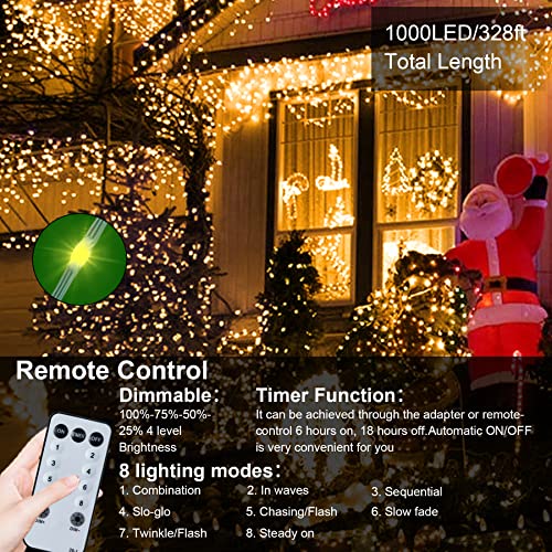 Honadar Christmas Rope Lights,1000LED/328Ft Outdoor Decorative String Strobe with 8 Modes/Remote/IP67 Waterproof/Timer/Memory Function for Xmas Holiday/Wedding/Party/DIY/Garden/Patio/Atmosphere Decor