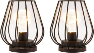 trirocks 2 set ofmetal battery operated lamp 7” tall mini cage shape cordless table lamp battery lanterns with warm fairy lights bulb for patio garden wedding parties indoor outdoor(black)