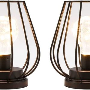 TRIROCKS 2 Set ofMetal Battery Operated Lamp 7'' Tall Mini Cage Shape Cordless Table Lamp Battery Lanterns with Warm Fairy Lights Bulb for Patio Garden Wedding Parties Indoor Outdoor(Black)