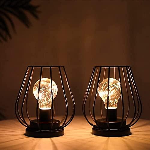 TRIROCKS 2 Set ofMetal Battery Operated Lamp 7'' Tall Mini Cage Shape Cordless Table Lamp Battery Lanterns with Warm Fairy Lights Bulb for Patio Garden Wedding Parties Indoor Outdoor(Black)