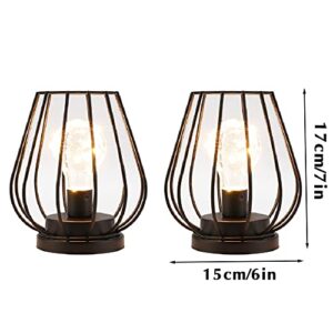 TRIROCKS 2 Set ofMetal Battery Operated Lamp 7'' Tall Mini Cage Shape Cordless Table Lamp Battery Lanterns with Warm Fairy Lights Bulb for Patio Garden Wedding Parties Indoor Outdoor(Black)