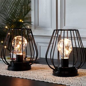TRIROCKS 2 Set ofMetal Battery Operated Lamp 7'' Tall Mini Cage Shape Cordless Table Lamp Battery Lanterns with Warm Fairy Lights Bulb for Patio Garden Wedding Parties Indoor Outdoor(Black)