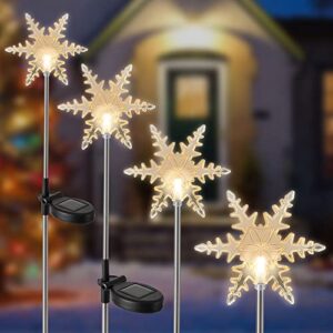 maggift 4 pack solar christmas snowflakes garden stake lights, solar powered outdoor decorative figurine lights, warm white led landscape lighting, waterproof for patio yard decorations