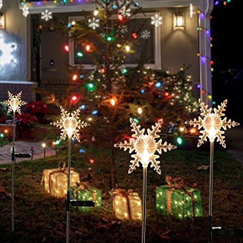 MAGGIFT 4 Pack Solar Christmas Snowflakes Garden Stake Lights, Solar Powered Outdoor Decorative Figurine Lights, Warm White LED Landscape Lighting, Waterproof for Patio Yard Decorations