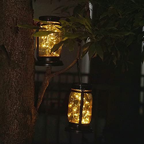 Solar Mason Jar Lantern, 2 Pack 30 LED Hanging Solar Mason Jar Lights Outdoor Retro Waterproof Fairy Lights with Stakes for Garden, Lawn, Patio, Yard, Pathway (2 Pack)