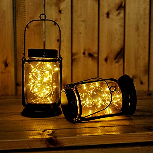 Solar Mason Jar Lantern, 2 Pack 30 LED Hanging Solar Mason Jar Lights Outdoor Retro Waterproof Fairy Lights with Stakes for Garden, Lawn, Patio, Yard, Pathway (2 Pack)