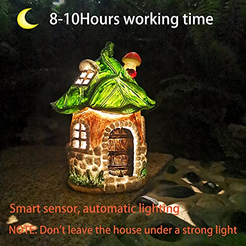 Trasfit Fairy Garden Statue House Figurine, Lovely Purple Flowers Tree House with Solar LED Lights for Indoor Outdoor Patio Yard Lawn Ornaments Gift (Green with Mushroom House)