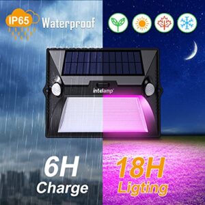 intelamp Solar Lights Outdoor, Solar Motion Sensor Lights Solar Fence Lights,Solar Garden Light 5 Working Modes and Adjust Brightness and Color by Remote Control for Garage Walls Fences Yards Lights