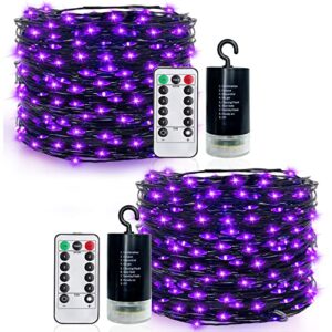 2 set halloween lights decorations, total 400led/131.2ft timer 8 modes remote waterproof battery box copper fairy string lights halloween decor indoor outdoor garden, 200led/65.6ft each (purple)