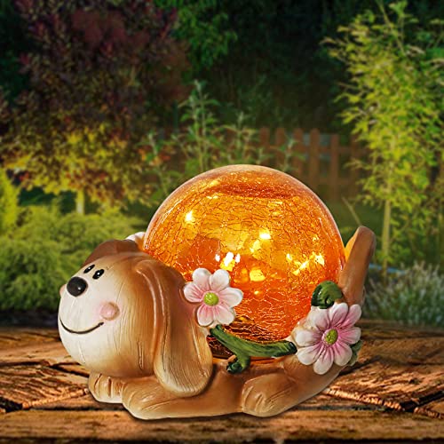 Solar Garden Dog Statue Outdoor Decor Resin Statue with Solar LED Lights Garden Lawn Ornaments for Garden Patio Lawn Yard Outdoor Decorative