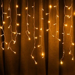 led solar icicle string lights,36ft/11m 264 leds waterproof extendable curtain icicle lights plug in fairy string lights christmas lights for bedroom patio yard garden wedding party(warm white)