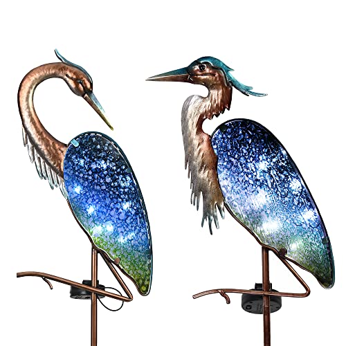 TERESA'S COLLECTIONS 2Pack Blue Heron Solar Garden Lights, Glass Garden Decor for Outside with Outdoor Lights Decorative Stake, Landscape Pathway Lights Lawn Ornaments Yard Art for Patio Decorations