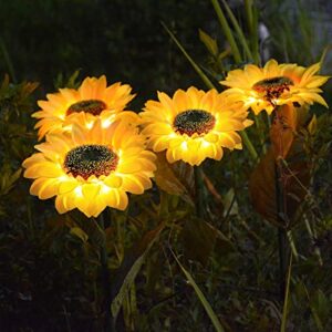 Upgraded 4-Flower Solar Sunflower Lights Outdoor Decor, Waterproof Decorative Artificial Flower Solar Lights for Christmas Summer Memorial Cemetery Grave Yard Patio Garden Flowerbed Gravesite Decor