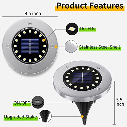 NFESOLAR Solar Lights Outdoor with 16 LEDs, Bright Solar Ground Lights Outdoor Waterproof Solar Disk Lights for Pathway Garden Yard Lawn Walkway Driveway (White 8 Pack)