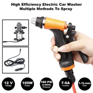 Bang4buck Portable Intelligent Electric Pressure Washer Pump 100W 160 PSI 12V Portable Pressure Powerful Washing Kit with 21.3 Feet PVC Hose for Home, Car, Garden, Projects(100 W-Black Hose)