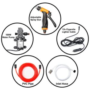 Bang4buck Portable Intelligent Electric Pressure Washer Pump 100W 160 PSI 12V Portable Pressure Powerful Washing Kit with 21.3 Feet PVC Hose for Home, Car, Garden, Projects(100 W-Black Hose)