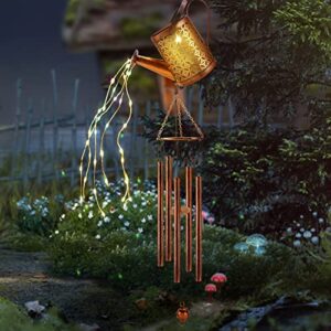 brynnl wind chimes outdoor, solar watering can wind chimes with led string lights, waterproof garden chimes with 5 metal tubes pleasant melody, retro hanging decor windchime for garden patio yard