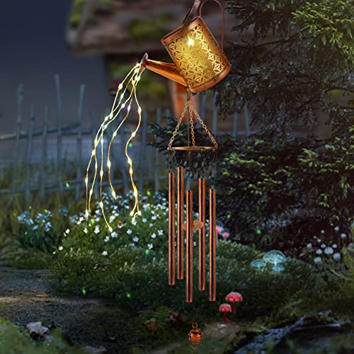Brynnl Wind Chimes Outdoor, Solar Watering Can Wind Chimes with LED String Lights, Waterproof Garden Chimes with 5 Metal Tubes Pleasant Melody, Retro Hanging Decor Windchime for Garden Patio Yard