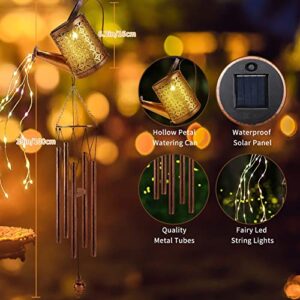 Brynnl Wind Chimes Outdoor, Solar Watering Can Wind Chimes with LED String Lights, Waterproof Garden Chimes with 5 Metal Tubes Pleasant Melody, Retro Hanging Decor Windchime for Garden Patio Yard