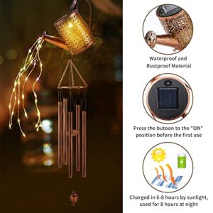 Brynnl Wind Chimes Outdoor, Solar Watering Can Wind Chimes with LED String Lights, Waterproof Garden Chimes with 5 Metal Tubes Pleasant Melody, Retro Hanging Decor Windchime for Garden Patio Yard