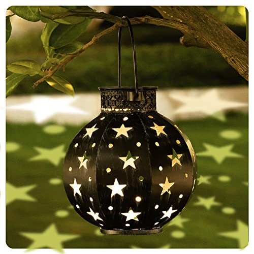 BEAU JARDIN 4 Pack Hanging Solar Lanterns Stars Lights Metal Waterproof Outdoor Retro Warm White LED Auto On/Off Landscape Decorative for Table Patio Garden Decor Decoration Black BG422