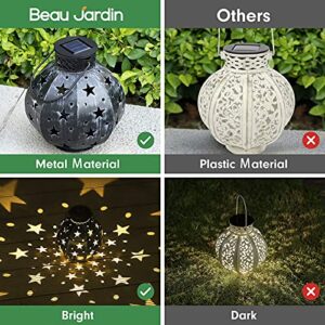 BEAU JARDIN 4 Pack Hanging Solar Lanterns Stars Lights Metal Waterproof Outdoor Retro Warm White LED Auto On/Off Landscape Decorative for Table Patio Garden Decor Decoration Black BG422