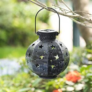 BEAU JARDIN 4 Pack Hanging Solar Lanterns Stars Lights Metal Waterproof Outdoor Retro Warm White LED Auto On/Off Landscape Decorative for Table Patio Garden Decor Decoration Black BG422