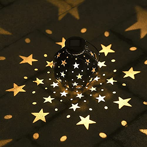 BEAU JARDIN 4 Pack Hanging Solar Lanterns Stars Lights Metal Waterproof Outdoor Retro Warm White LED Auto On/Off Landscape Decorative for Table Patio Garden Decor Decoration Black BG422