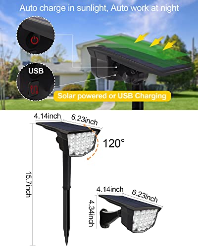 COCOMOX Solar Spot Lights Outdoor, Warm White Solar Lights Outdoor Waterproof, IP67 Solar Powered Garden Lights Landscape Lighting Dusk-to-Dawn 3 Modes Spotlight for Yard Driveway Flag 2 Pack