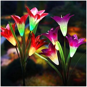 tonulax solar lights outdoor – new upgraded solar garden lights, multi-color changing lily solar flower lights for patio,yard decoration, bigger flower and wider solar panel (2 pack,purple and red)