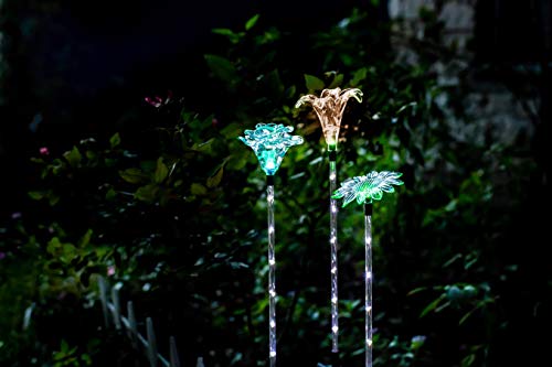 Outdoor Solar Garden Lights - Flower Stake Light with White LED Stake for Lawn Yard Landscape Patio Pathway Walkway - Color Changing Night Operated Waterproof Decoration Luces solares Lily Rose Daisy