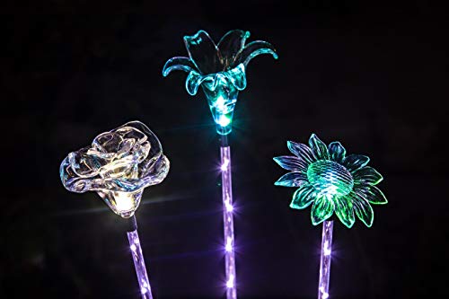 Outdoor Solar Garden Lights - Flower Stake Light with White LED Stake for Lawn Yard Landscape Patio Pathway Walkway - Color Changing Night Operated Waterproof Decoration Luces solares Lily Rose Daisy