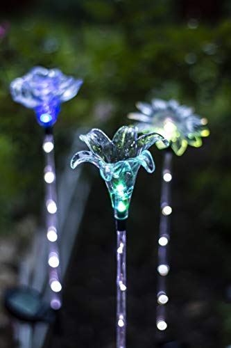 Outdoor Solar Garden Lights - Flower Stake Light with White LED Stake for Lawn Yard Landscape Patio Pathway Walkway - Color Changing Night Operated Waterproof Decoration Luces solares Lily Rose Daisy