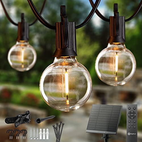 Brightown Solar String Lights Outdoor 58FT(48+10) with Remote Cable Ties and Hooks, G40 Patio Lights with 25 LED Shatterproof E12 Bulbs, 4 Light Modes, Dimmable Hanging Lights for Backyard Party Decor