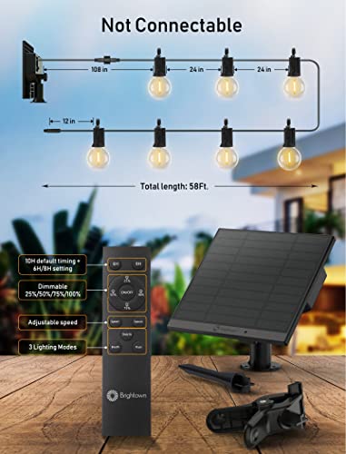 Brightown Solar String Lights Outdoor 58FT(48+10) with Remote Cable Ties and Hooks, G40 Patio Lights with 25 LED Shatterproof E12 Bulbs, 4 Light Modes, Dimmable Hanging Lights for Backyard Party Decor