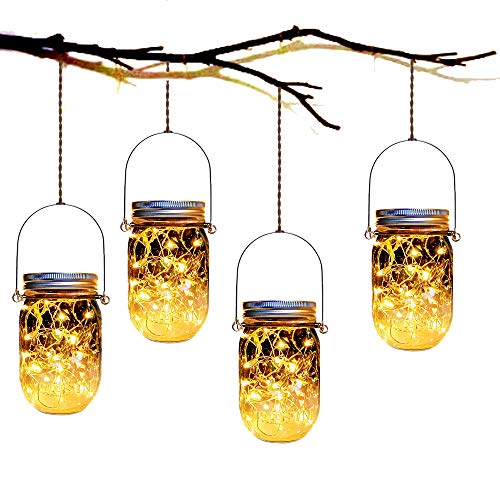 Solar Mason Jar Lights,4 Pack 30 Led Starry Star Fairy Firefly Jar Hanging Lantern Lights,for Outdoor Patio Garden Yard Mason Jar Wedding Table Decor Solar Lanterns Lights(Mason Jars/Hangers Included)