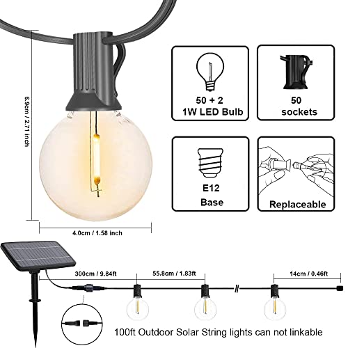 100 Feet Solar String Lights Outdoor Patio Lights Solar Powered Waterproof G40 Globe Hanging Lights with 50 LED Shatterproof Bulbs for Backyard Balcony Bistro Garden Solar Patio Light String Lights