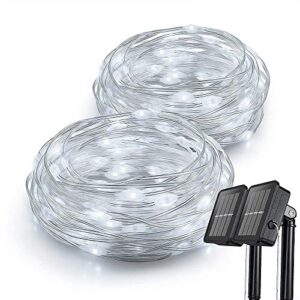 beewin upgraded solar christmas lights, 2pack 33ft 100led solar lights outdoor string, waterproof transparent copper wire 8 modes fairy lights for wedding patio garden yard party (white)
