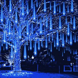 weepong meteor shower lights outdoor christmas lights ul certified falling rain lights 12inch 8tubes rain drop lights snowfall icicle cascading string lights for xmas holiday tree garden decor blue