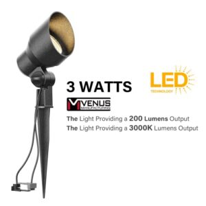 VENUS MANUFACTURING 6 Pack Low Voltage Landscape Spotlight 3W LED Outdoor Landscape Lighting Kits 200 Lumen Black Waterproof Flood Lights 12V 3000K Warm White Metal Tree Lights for Garden & Yard