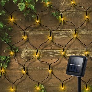 solar led net lights,100 leds net mesh tree-wrap lights 4.9ft x 4.9ft,dark green cable,8 modes outdoor string decorative lights for window wall background camping beach garden patio (warm white)