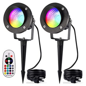 lcared landscape lights with remote control, 120v lighting 18w rgbw outdoor led spotlights color changing rgb flood spot for yard garden path patio tree decorative (2 pack), black